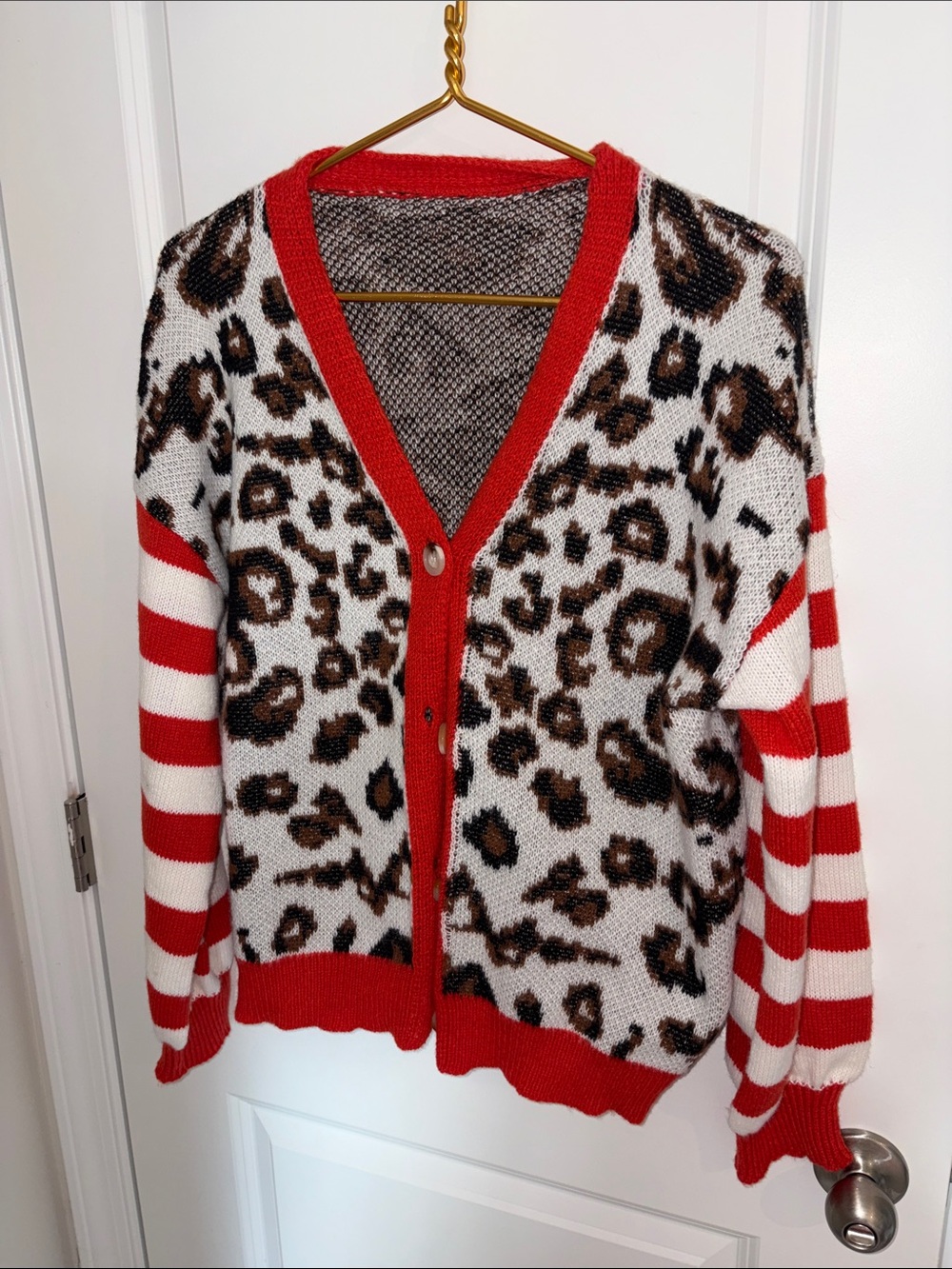 Red Leopard-Print Button Cardigan Sweater